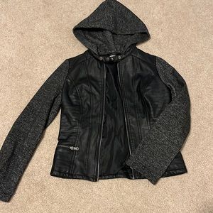 Black leather jacket with sweatshirt sleeves/hood